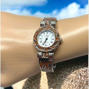 JB Womens Wrist Watch Cuff Bracelet Leopard Print Enamel Silver Tone Quartz